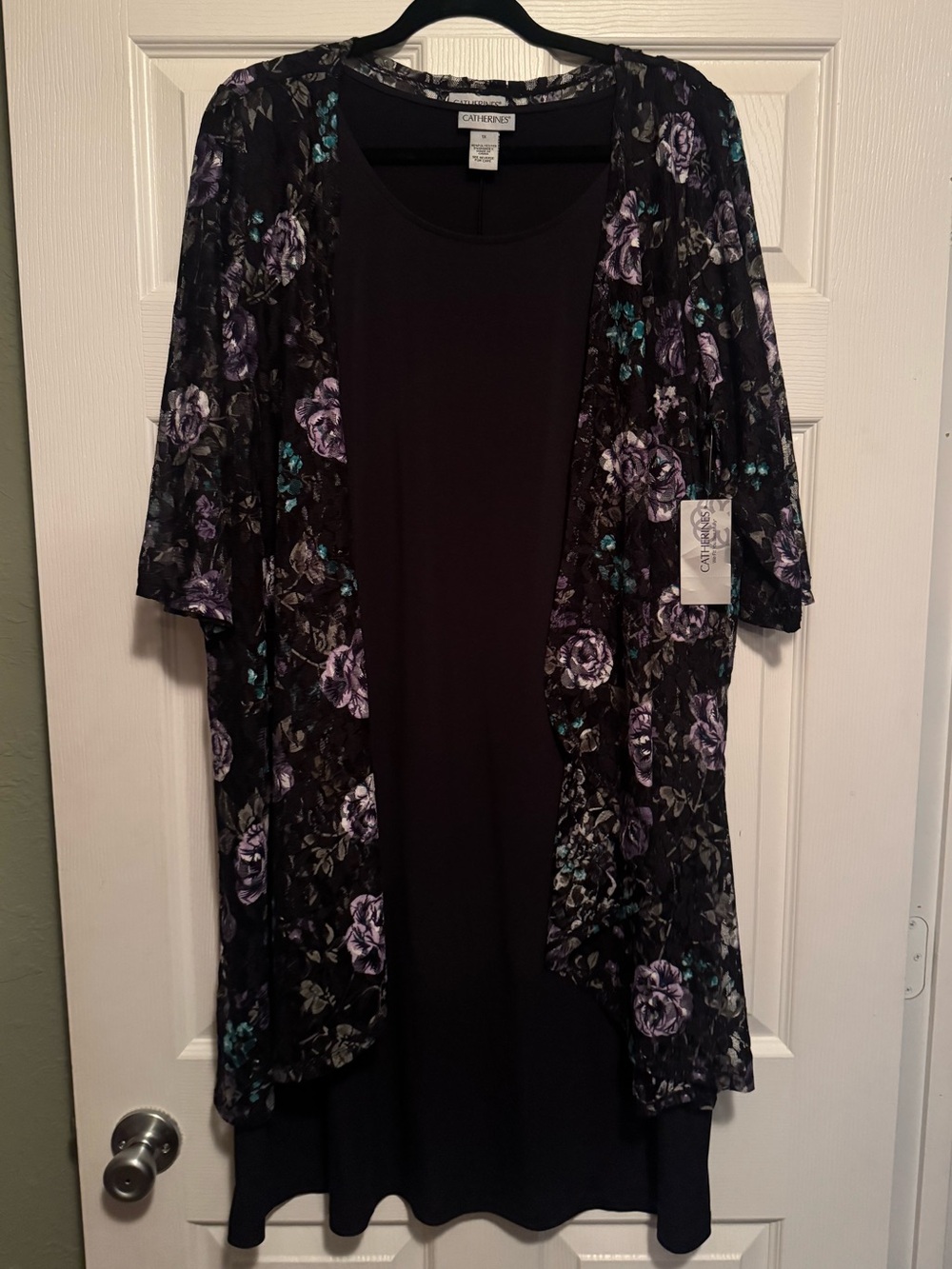 NWT Catherines Sz 1X 2pc Black Dress with Purple and Teal Lace overlay cardigan